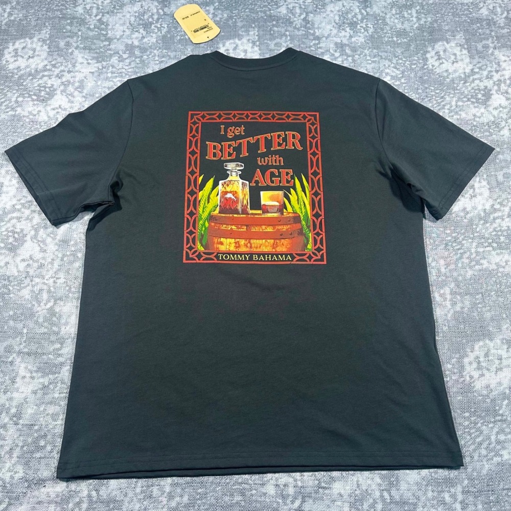 Tommy Bahama Graphic T-Shirt Mens Small Charcoal Gray Better With Age Whiskey